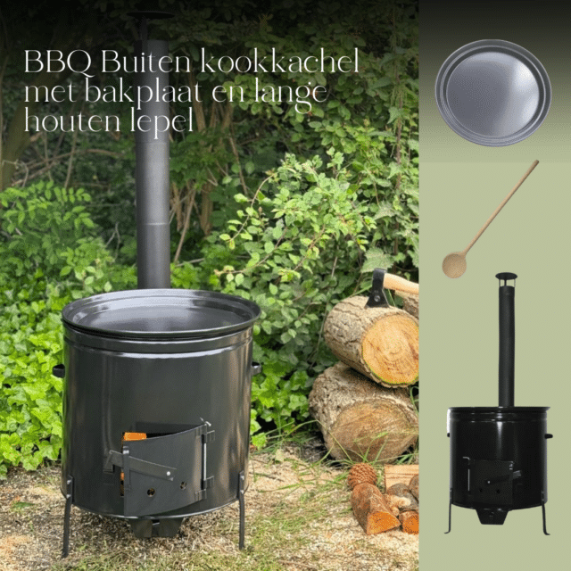 BBQ Buiten kookkachel XL met bakplaat en lange houten lepel