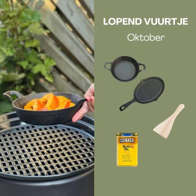 Lopend Vuurtje Van De Maand oktober met pannetje, olijfolie en houten spatel