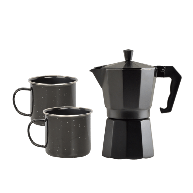 Make a nice cup of coffee with the Percolator with two Enamel mugs Black