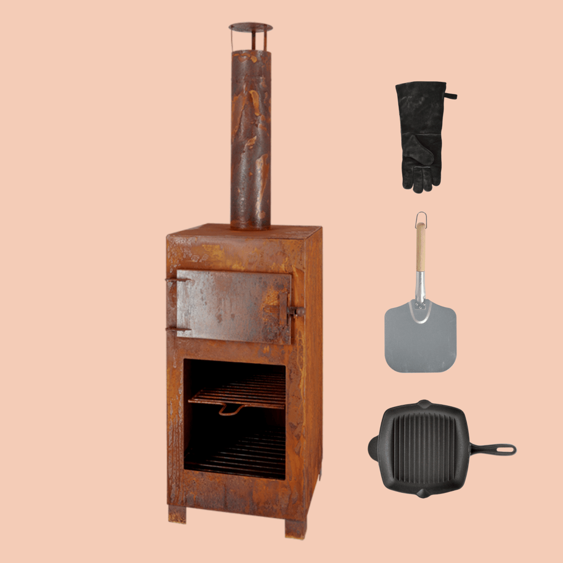 Complete set met Terraskachel met pizzaoven pizza schep Grillpan vierkant en BBQ Handschoen zwart